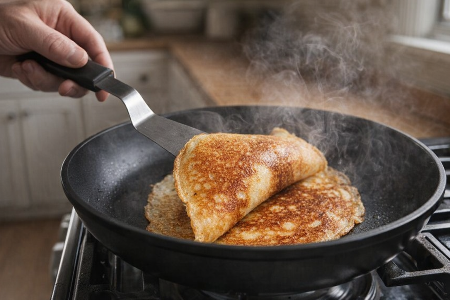 Action shot of a crepe being flipped in a non-stick pan with an offset spatula, steam rising from the pan, golden brown color visible